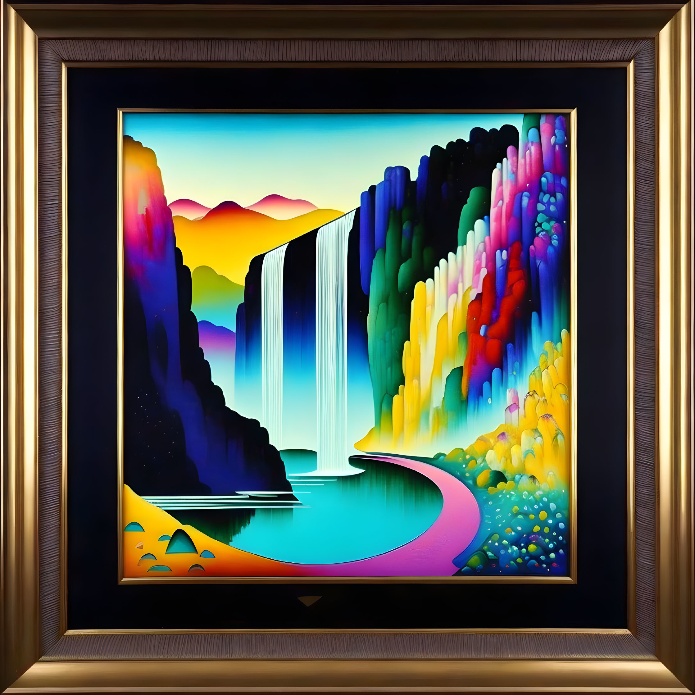 Colorful Framed Digital Artwork: Surreal Waterfall & Multicolored Cliffs