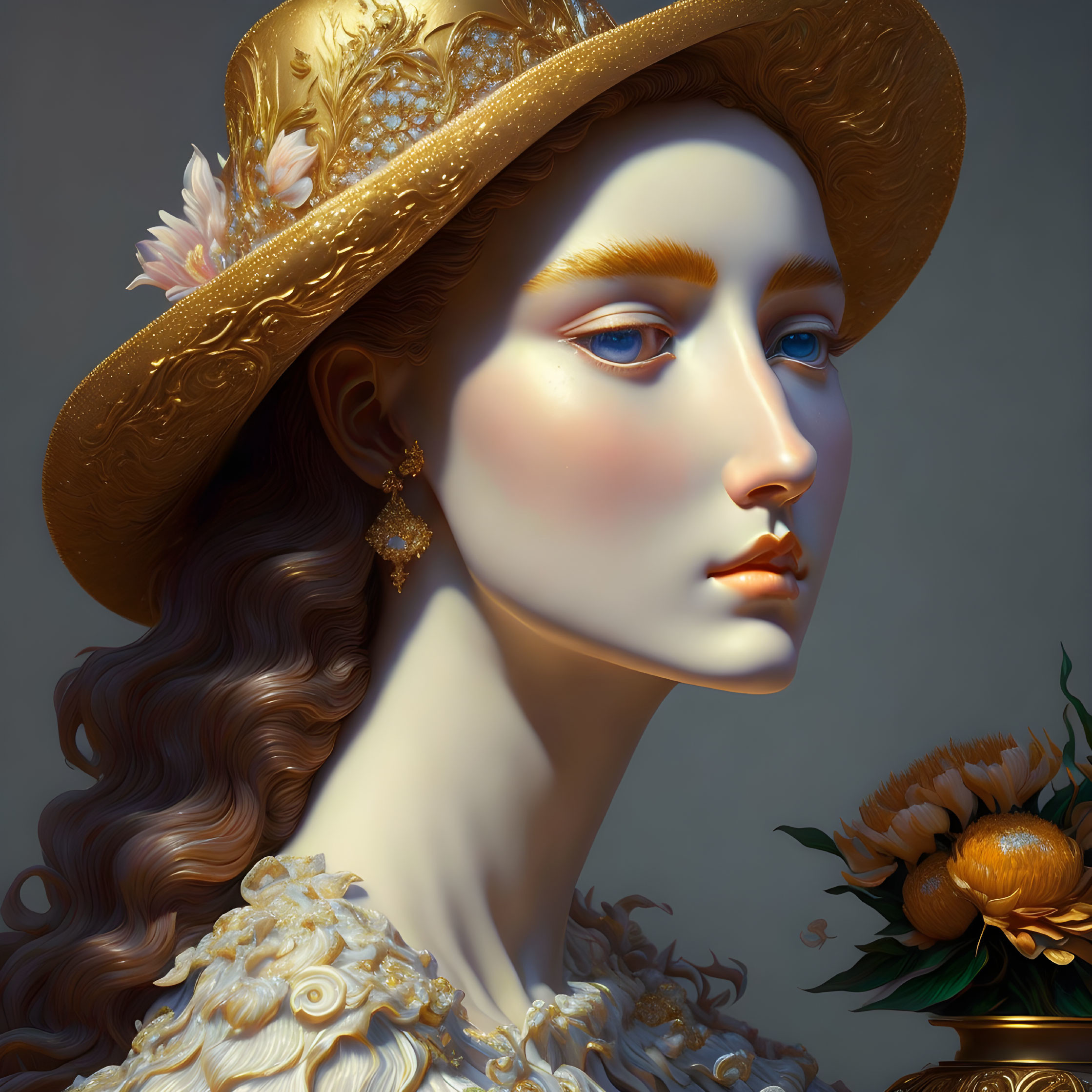 Detailed digital portrait of a lady in golden attire with hat, long curled hair, and serene expression next