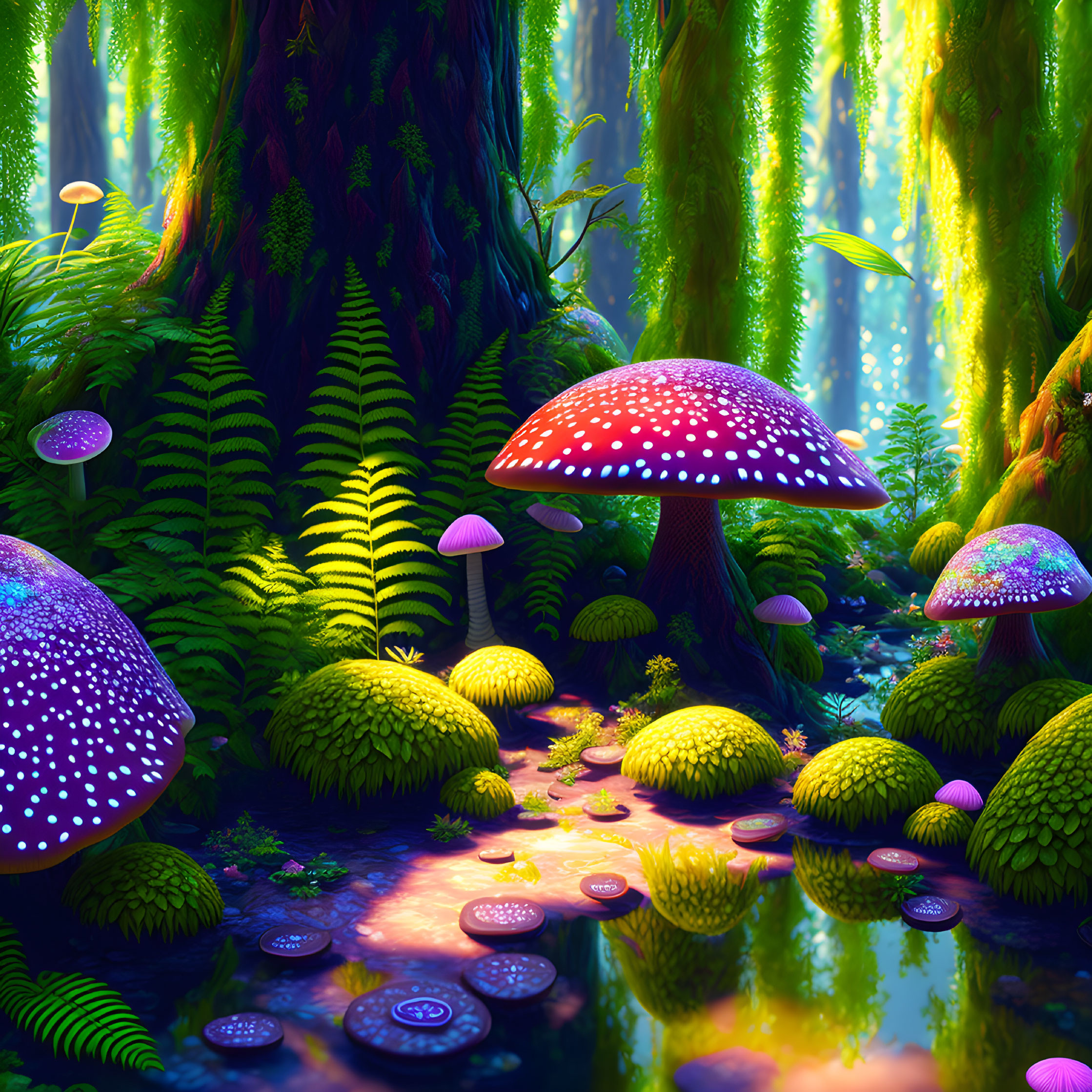 Fantasy forest scene with glowing purple-spotted mushrooms