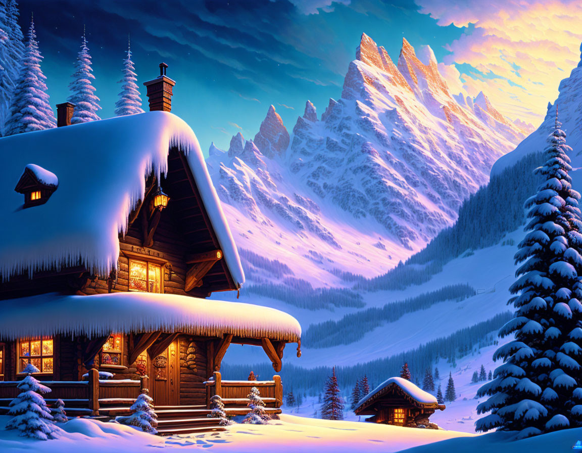 Snow-covered cabin in winter landscape with warm lights and mountain backdrop