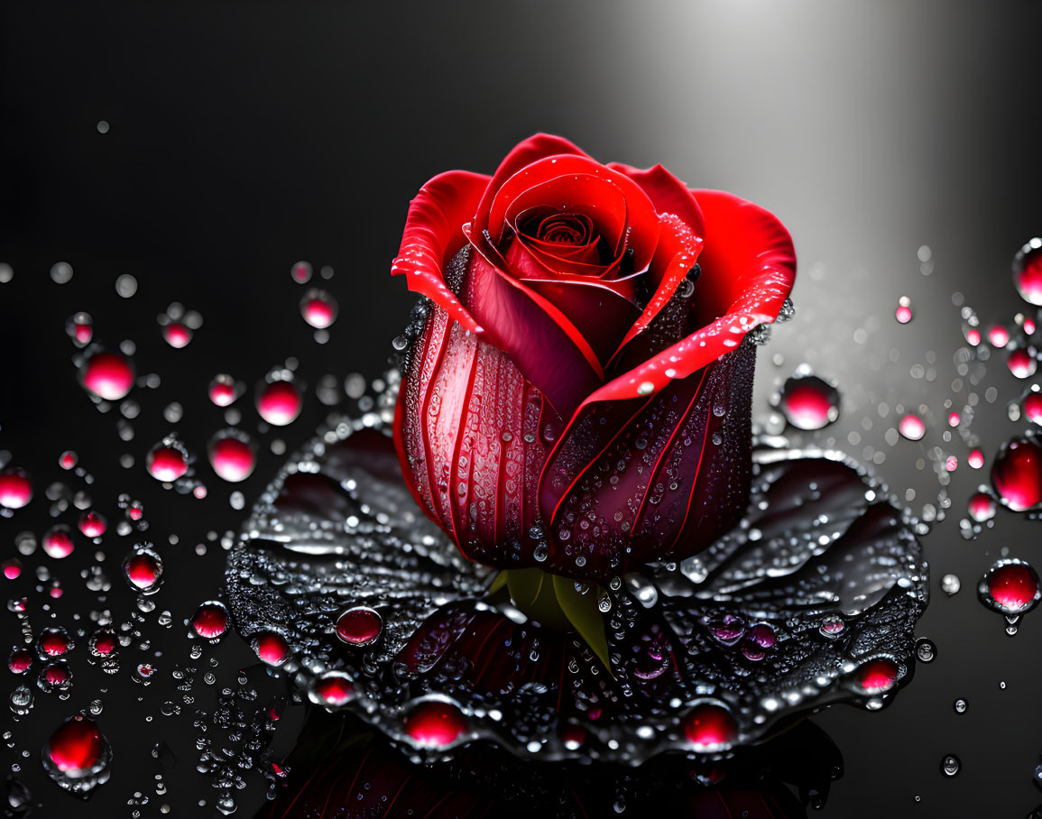 Red Rose with Water Droplets on Reflective Black Surface