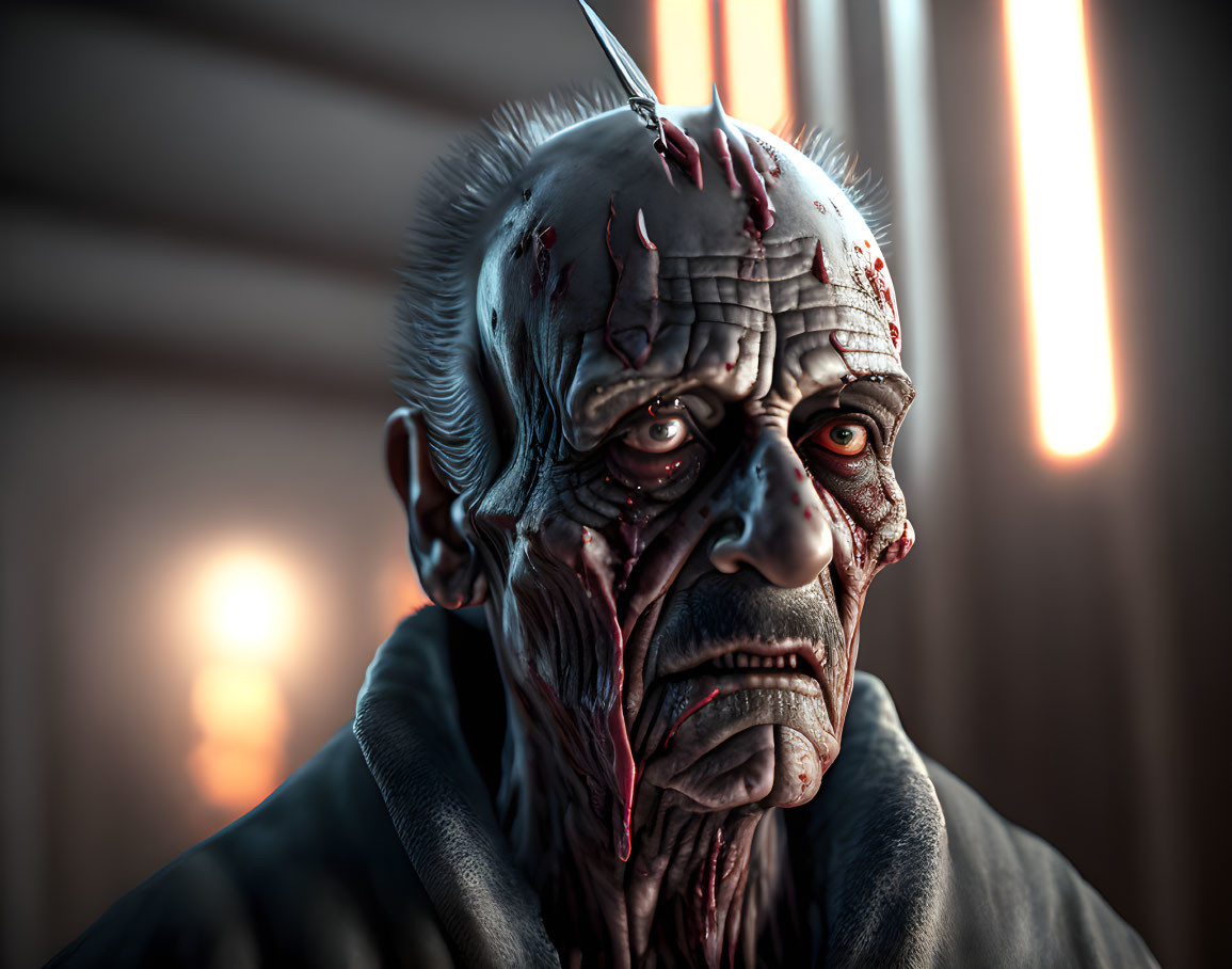 Detailed Sinister Elderly Character with Blood and Scars under Dramatic Lighting