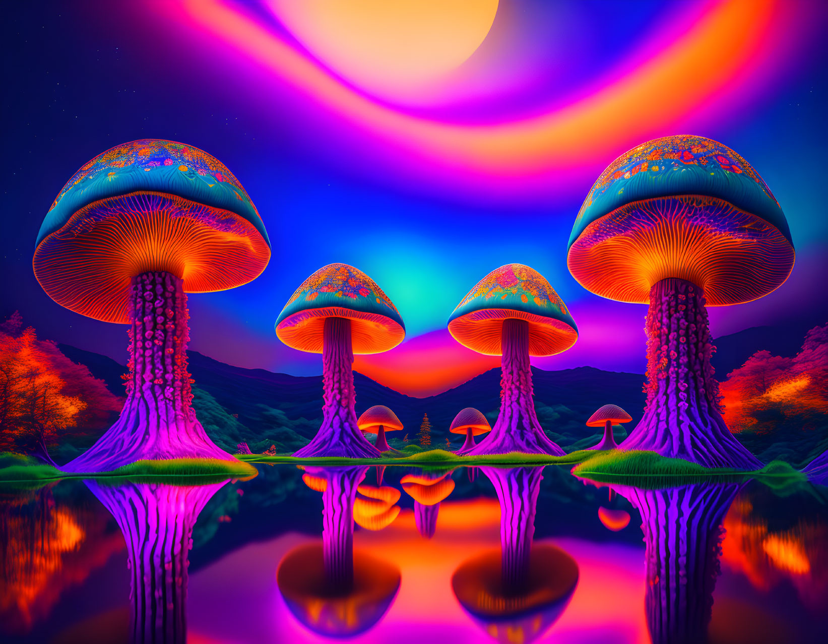 Colorful Psychedelic Mushroom Reflection in Water Against Aurora Sky