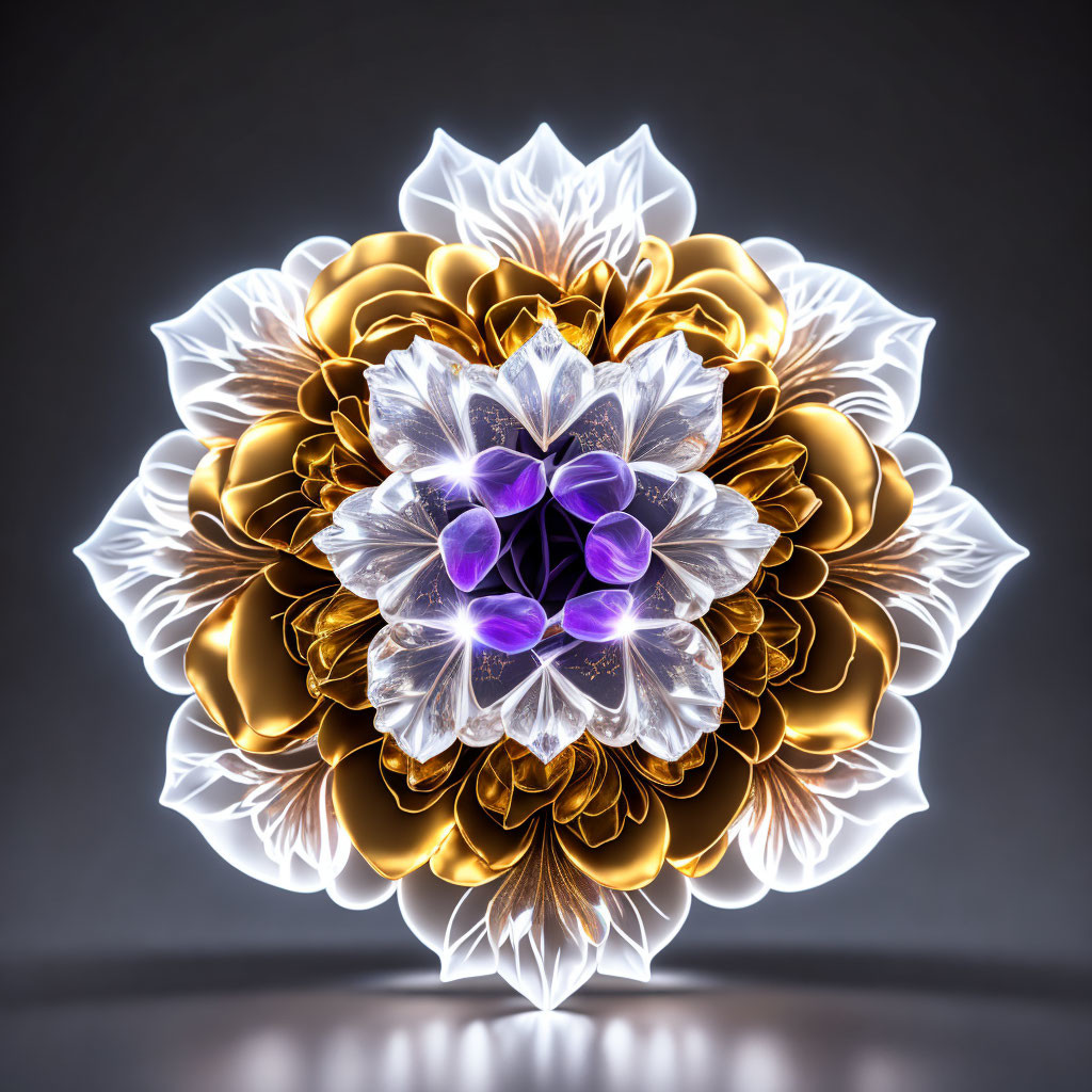 Symmetric multi-layered flower with gold and white petals and purple accents on grey background