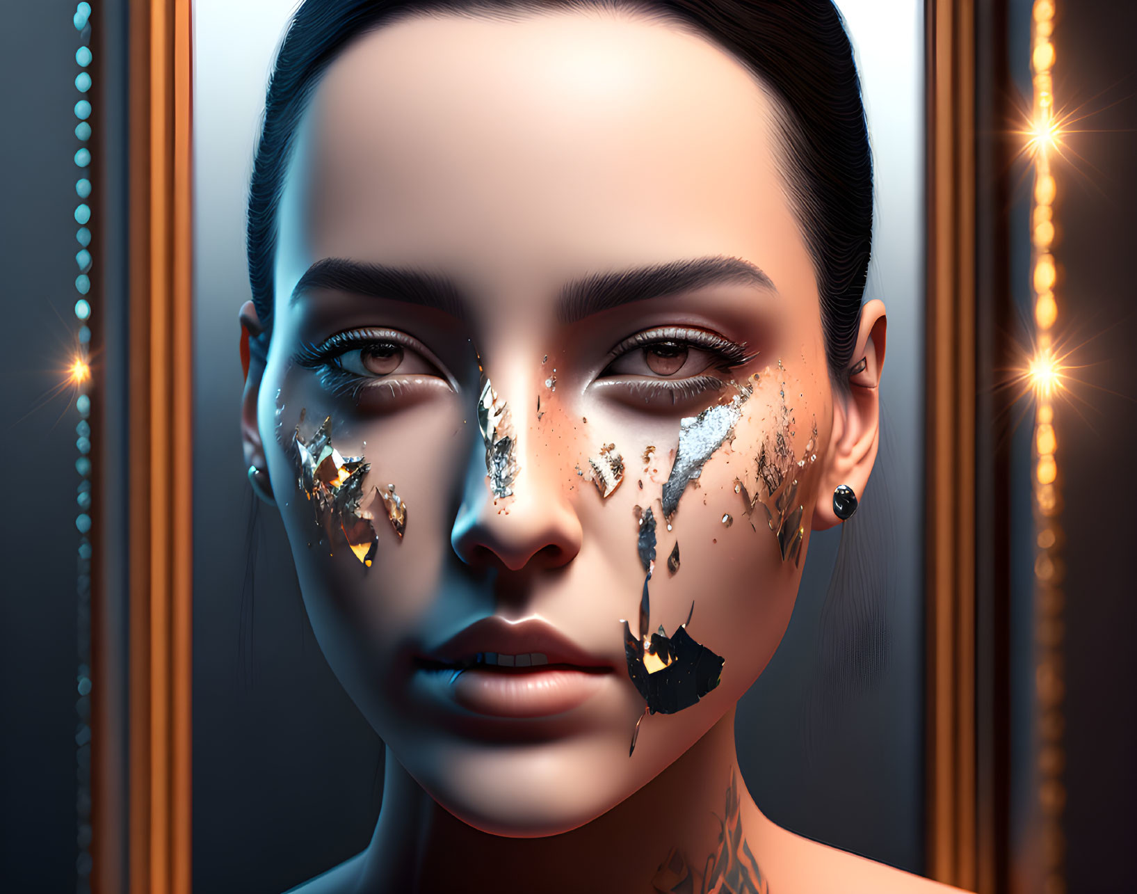 Digital artwork: Woman's face with gold leaf flakes on cheeks and eyes, dark background with lighted