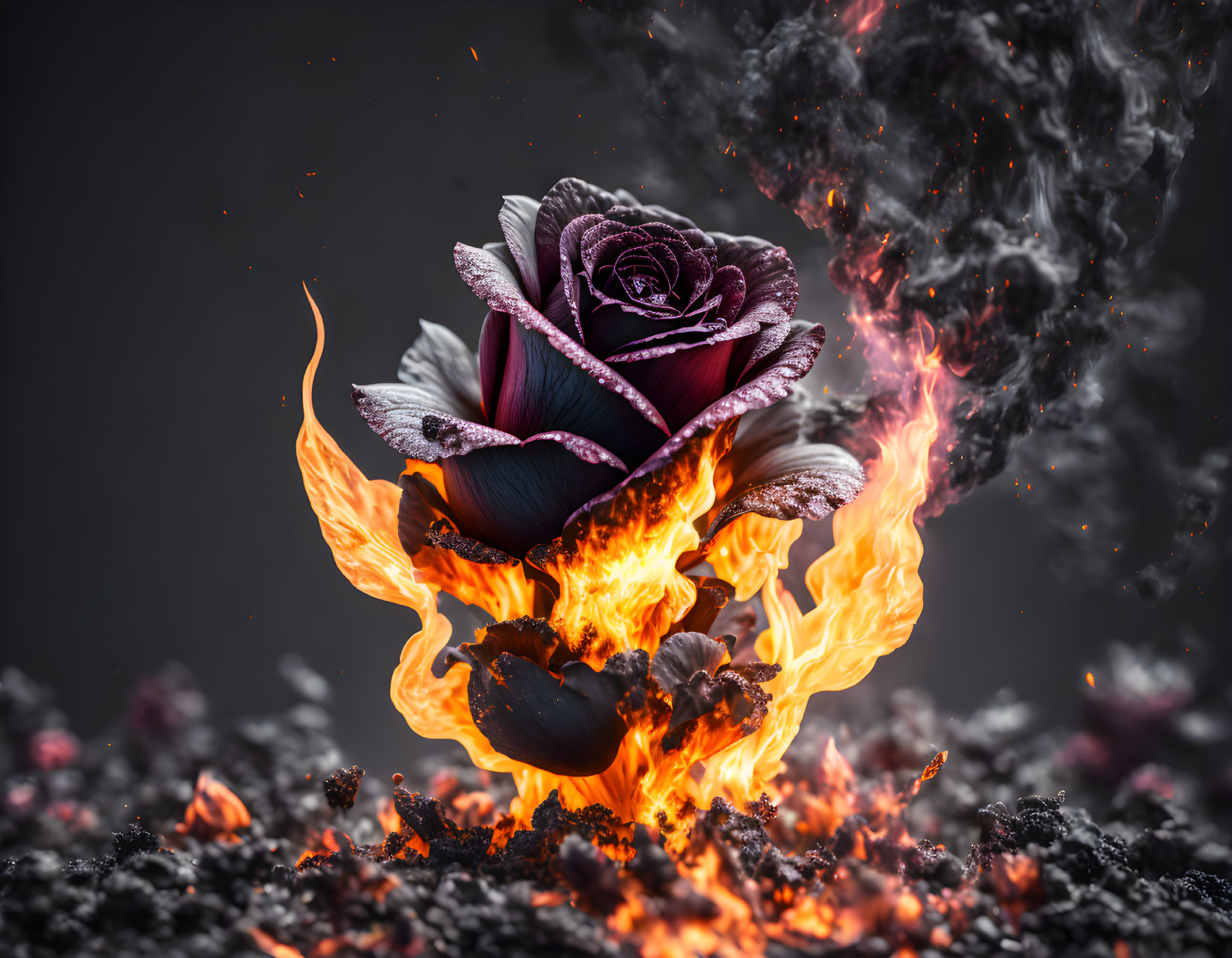 Purple rose engulfed in flames on dark ashy background