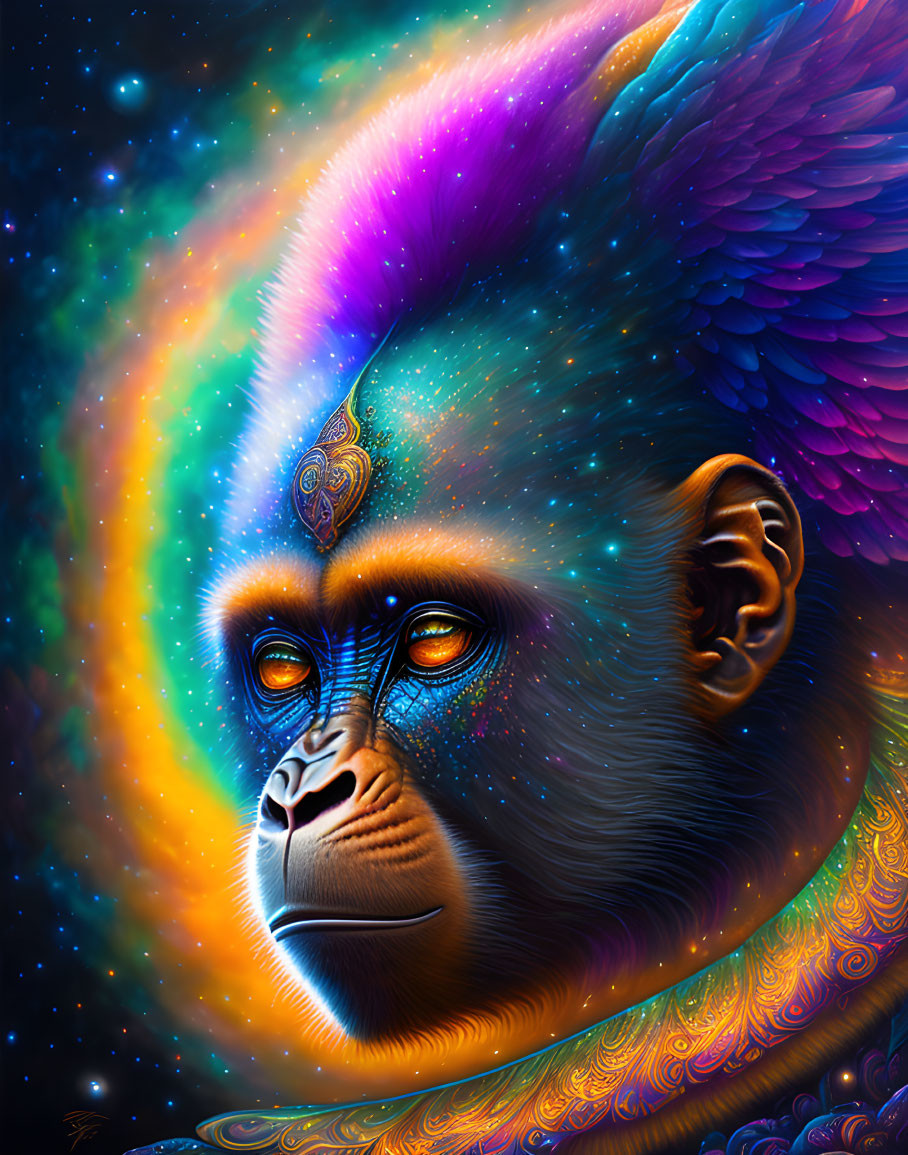 Cosmic Gorilla Surrounded by a Colorful Galaxy