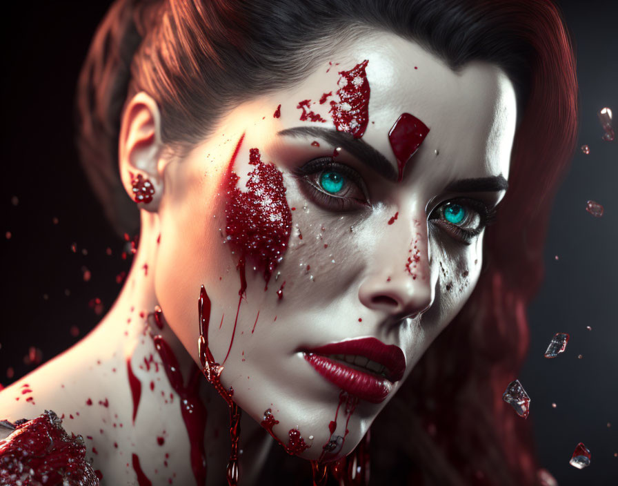 Woman with Blue Eyes and Dark Hair Featuring Artistic Red Splatters and Shards on Face