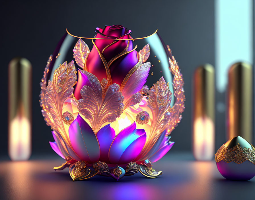 Colorful 3D illustration of ornate rose in translucent egg with golden details