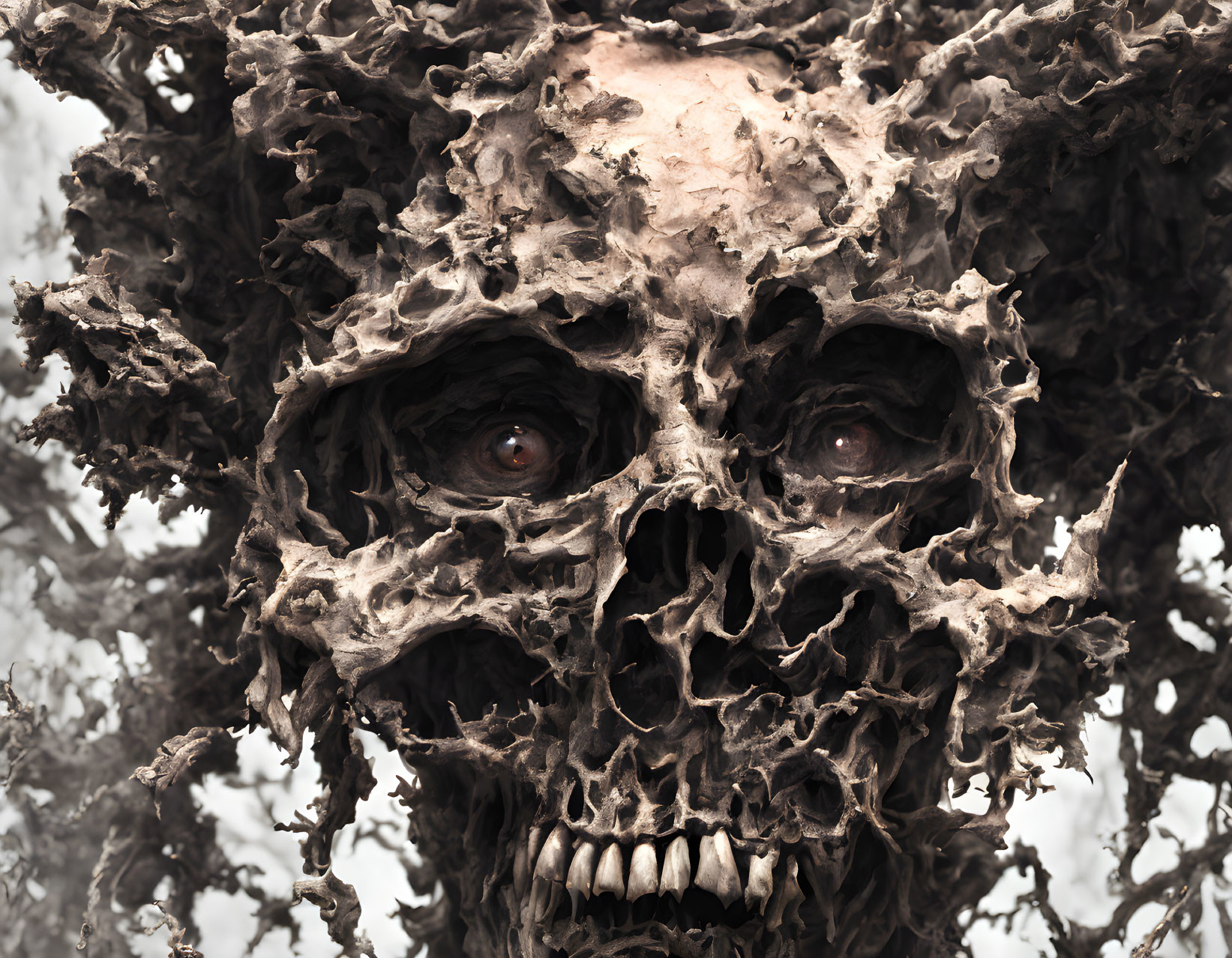 Detailed surreal skull illustration with textured branch-like formations against misty backdrop