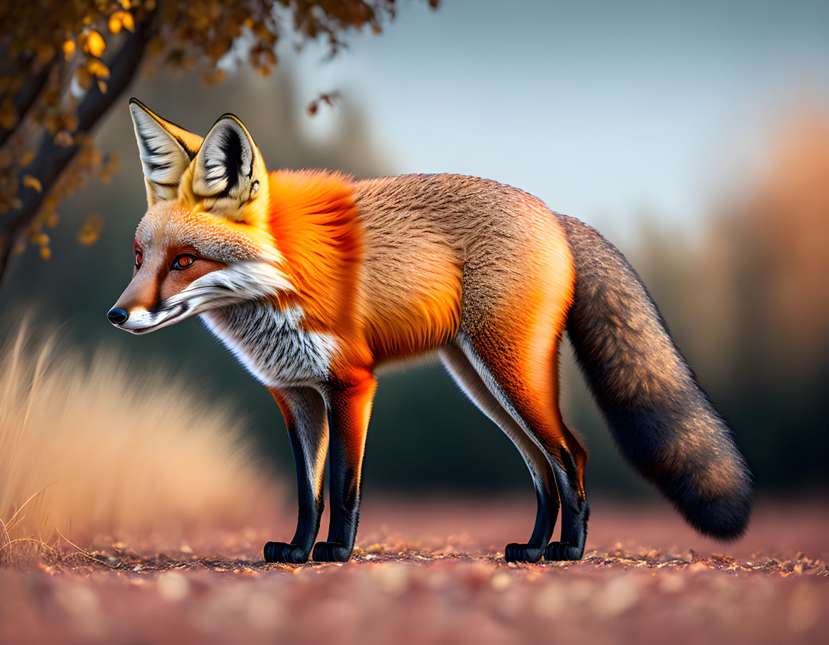 Vivid Red Fox in Forest Clearing with Golden Sunlight