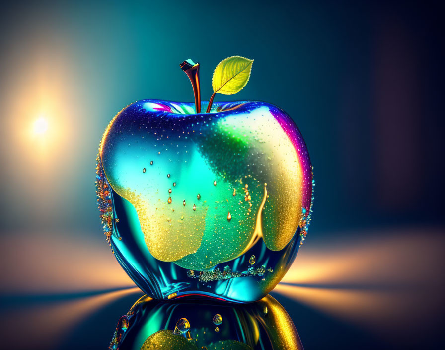 Vibrant iridescent apple with water droplets and leaf on dark background