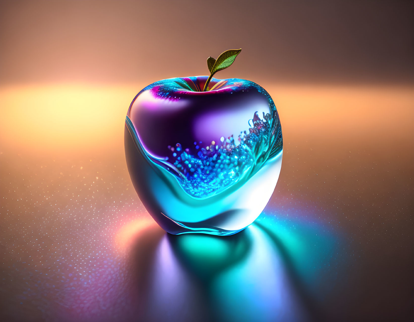 Vibrant digitally rendered apple with glossy finish in blue and pink hues against warm background