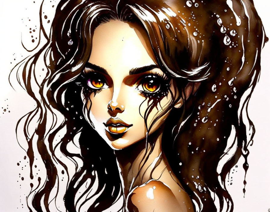 Illustration of woman with amber eyes, wavy brown hair, and water droplets on skin