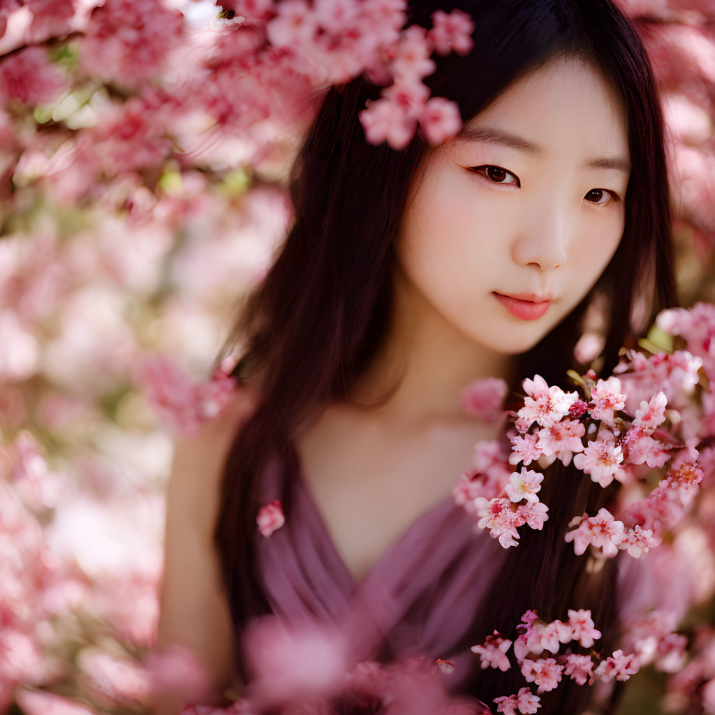 Dark-haired woman in lilac dress among pink cherry blossoms