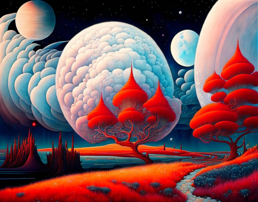 Vibrant red trees, path through red grass, brain-shaped clouds, celestial bodies