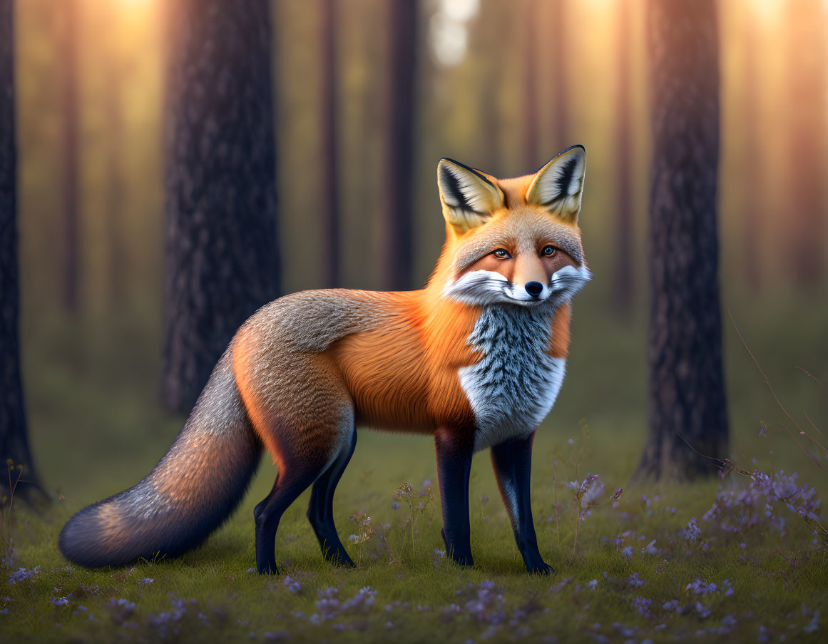 Vivid Red Fox in Sunset Forest with Purple Flowers