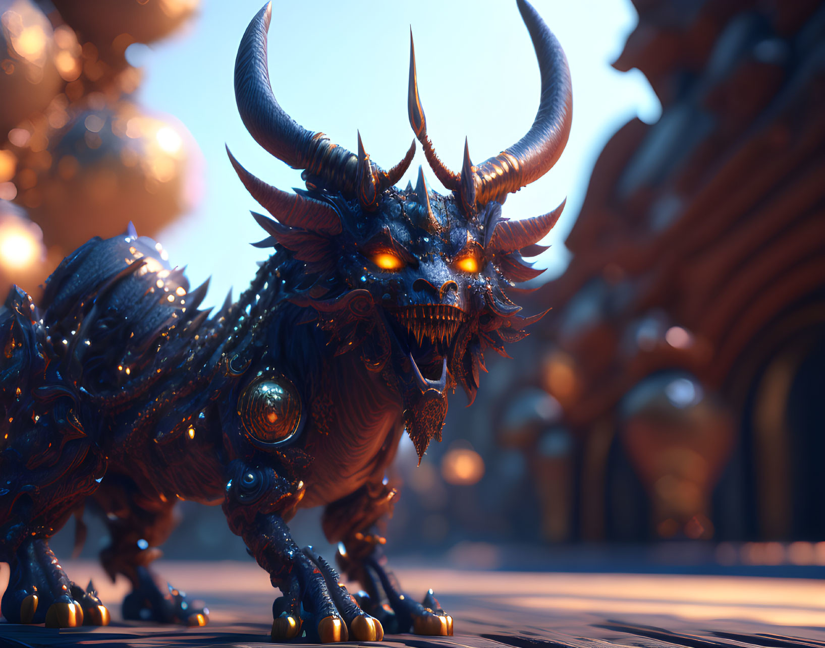 Ornate beast with glowing eyes and intricate horns in mystical setting