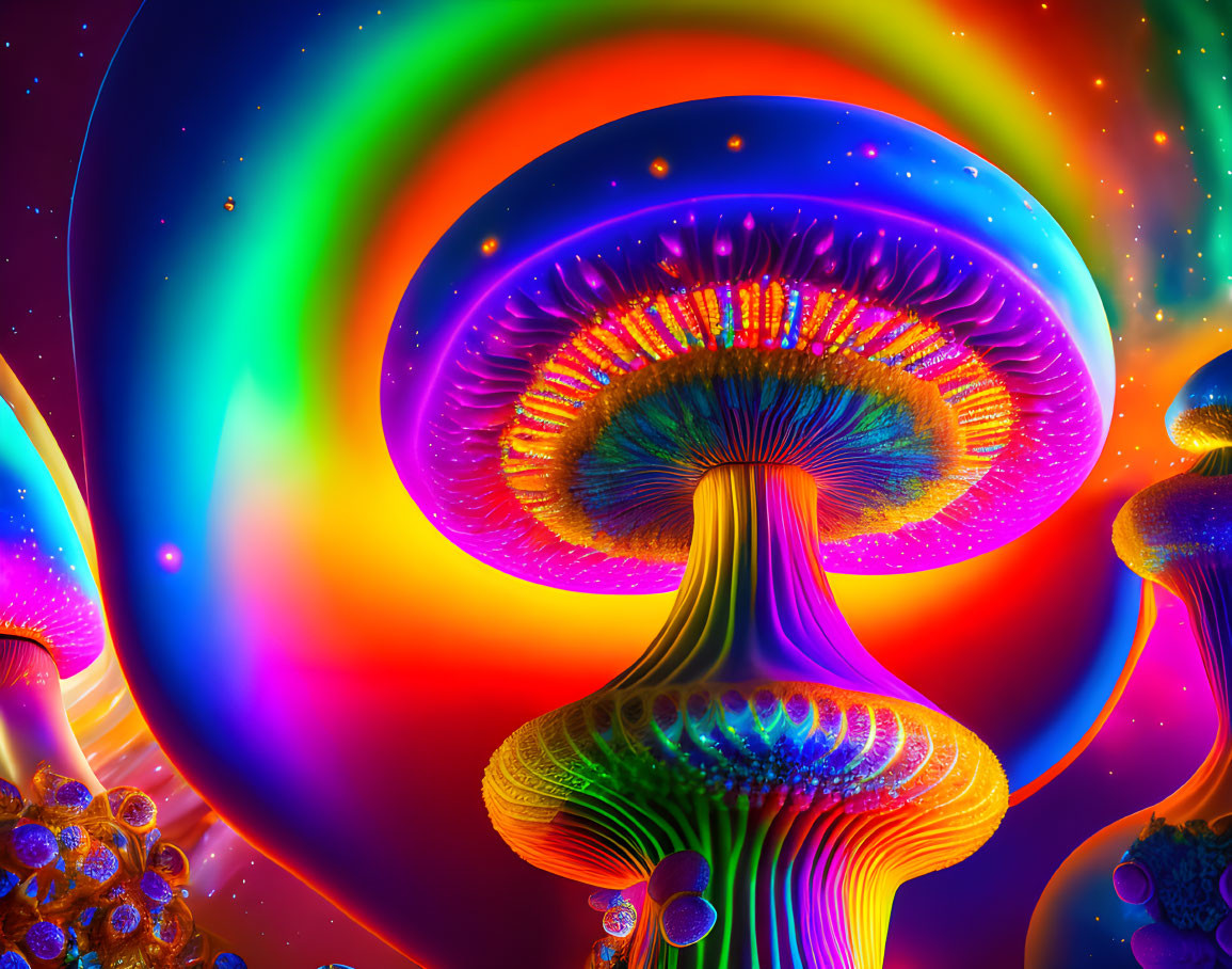 Colorful surreal digital artwork: mushroom structures, cosmic backdrop, rainbows, glowing orbs