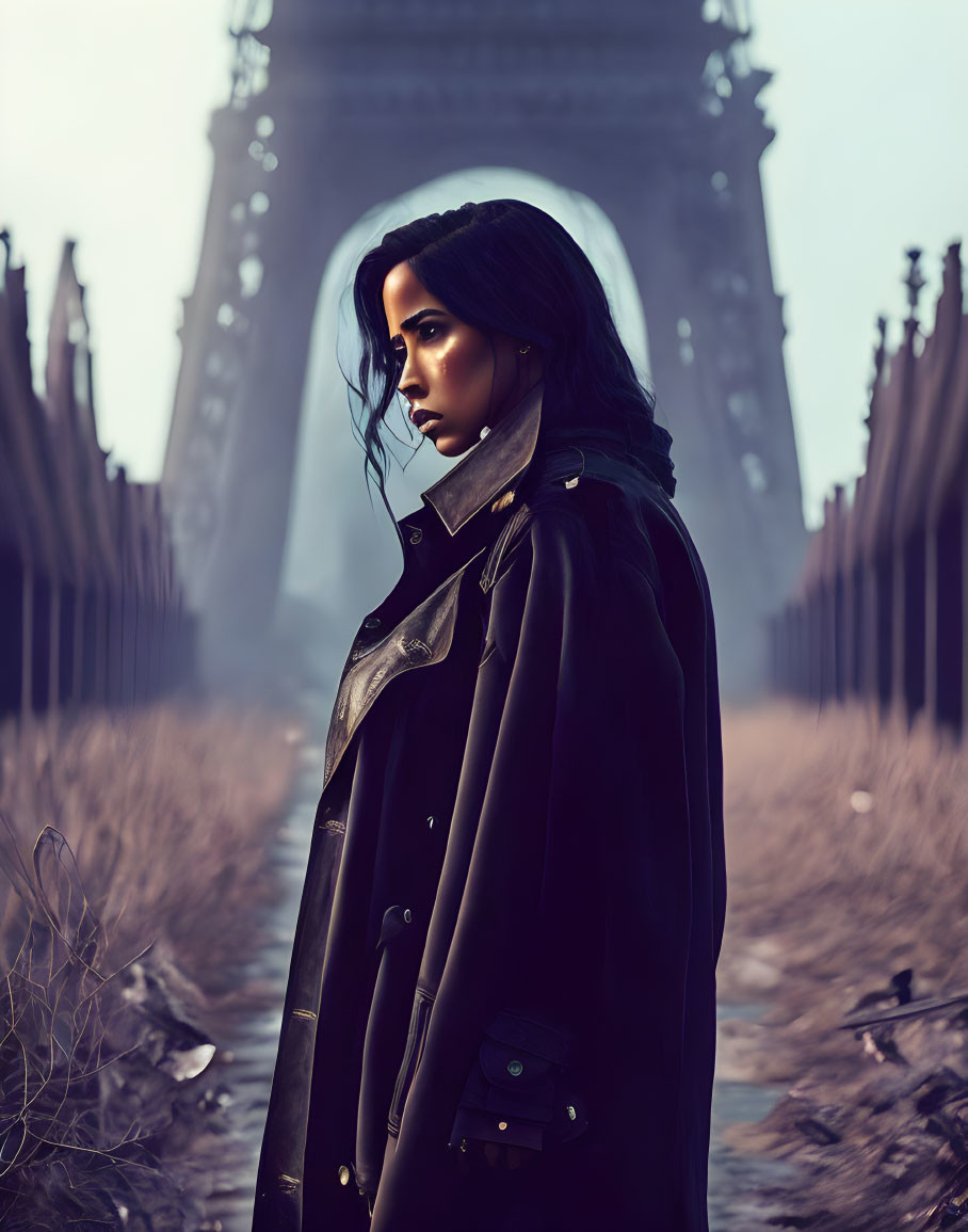 Profile of a woman in black coat against Eiffel Tower at twilight