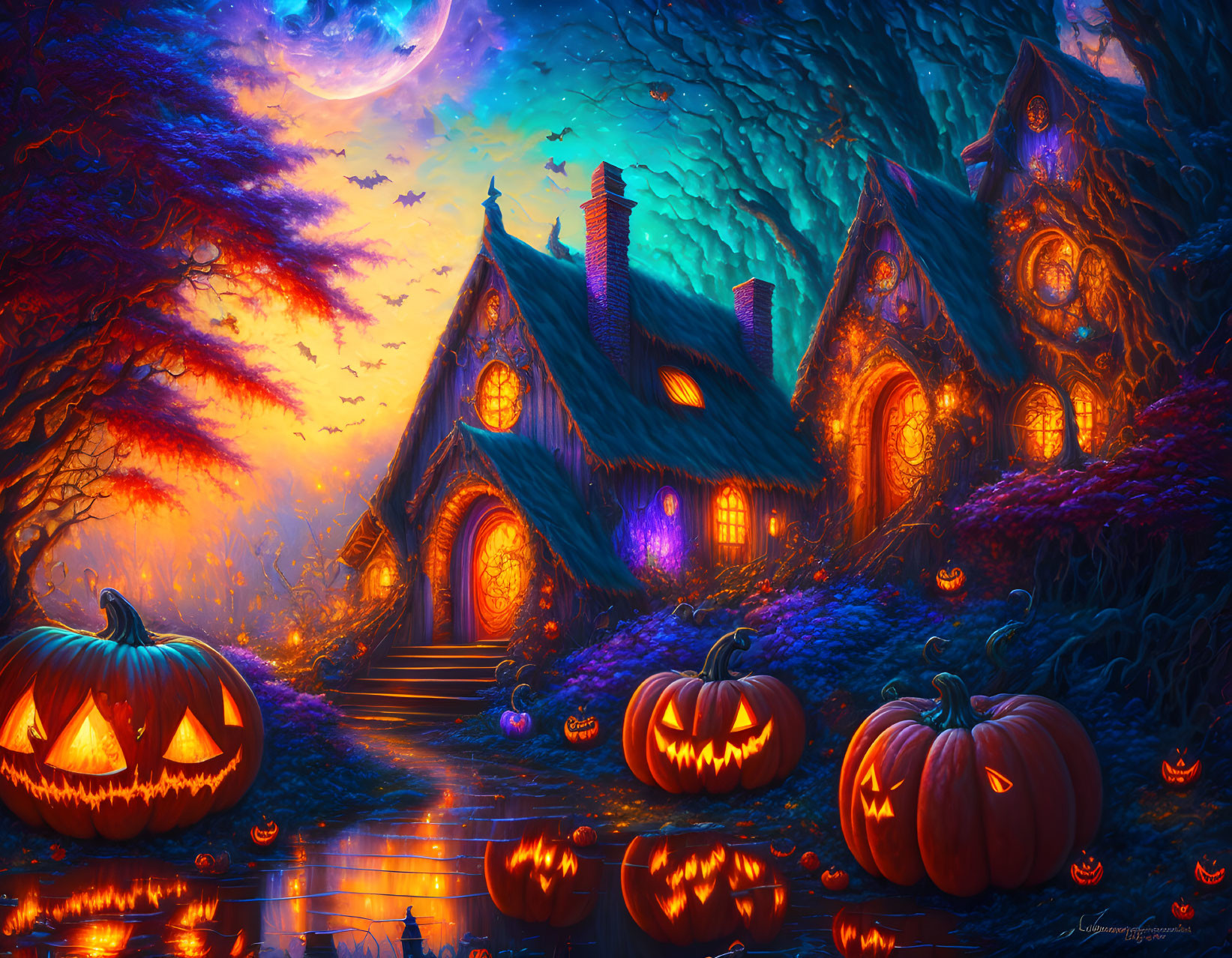 Charming Halloween Scene with Cottages and Pumpkins