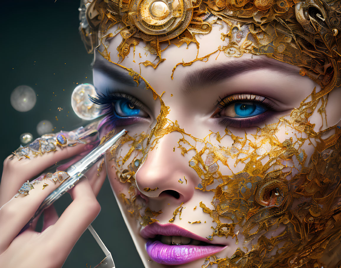 Woman with Intricate Golden Mask Details Applied with Syringe