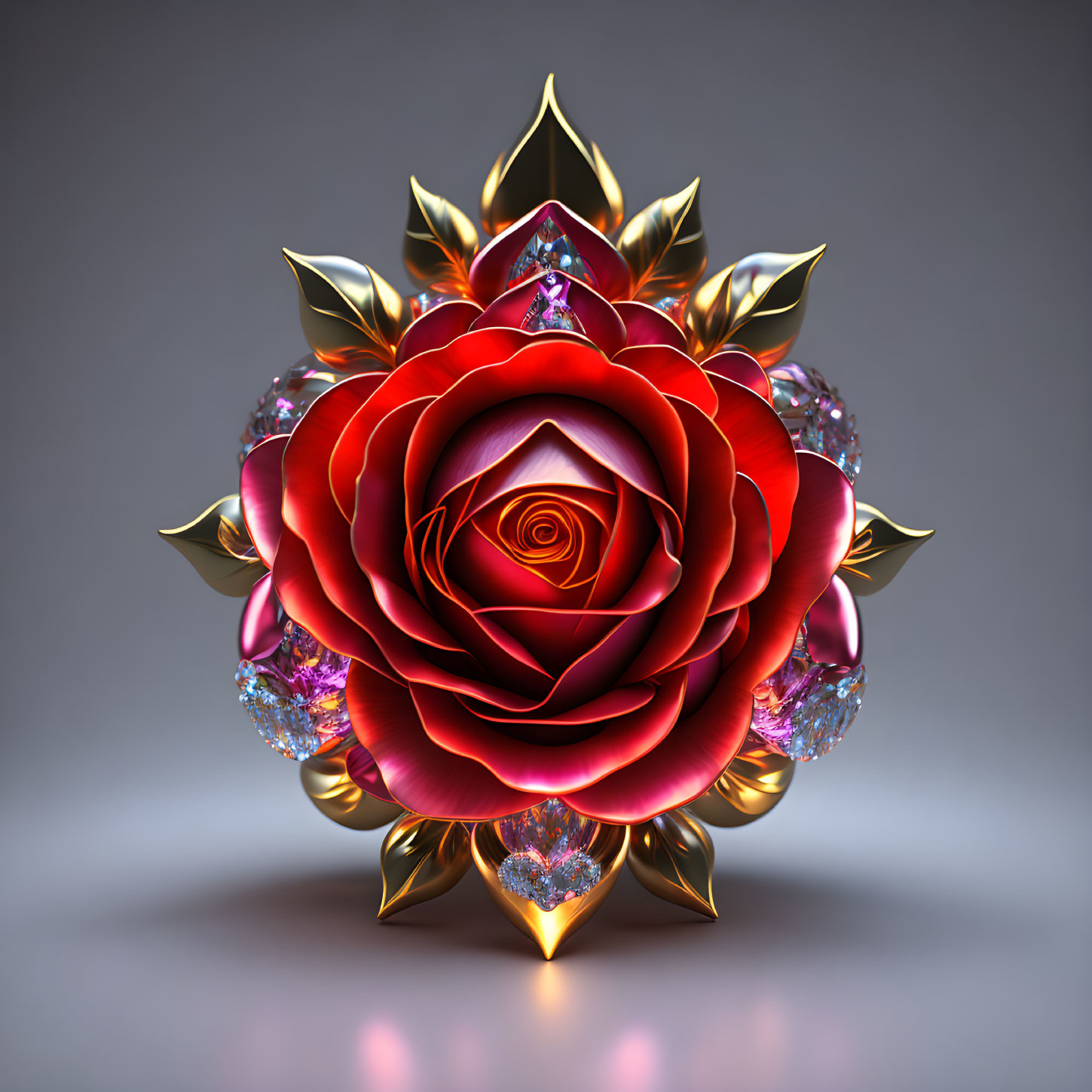 Red rose with golden edges and ornate jewels on neutral background