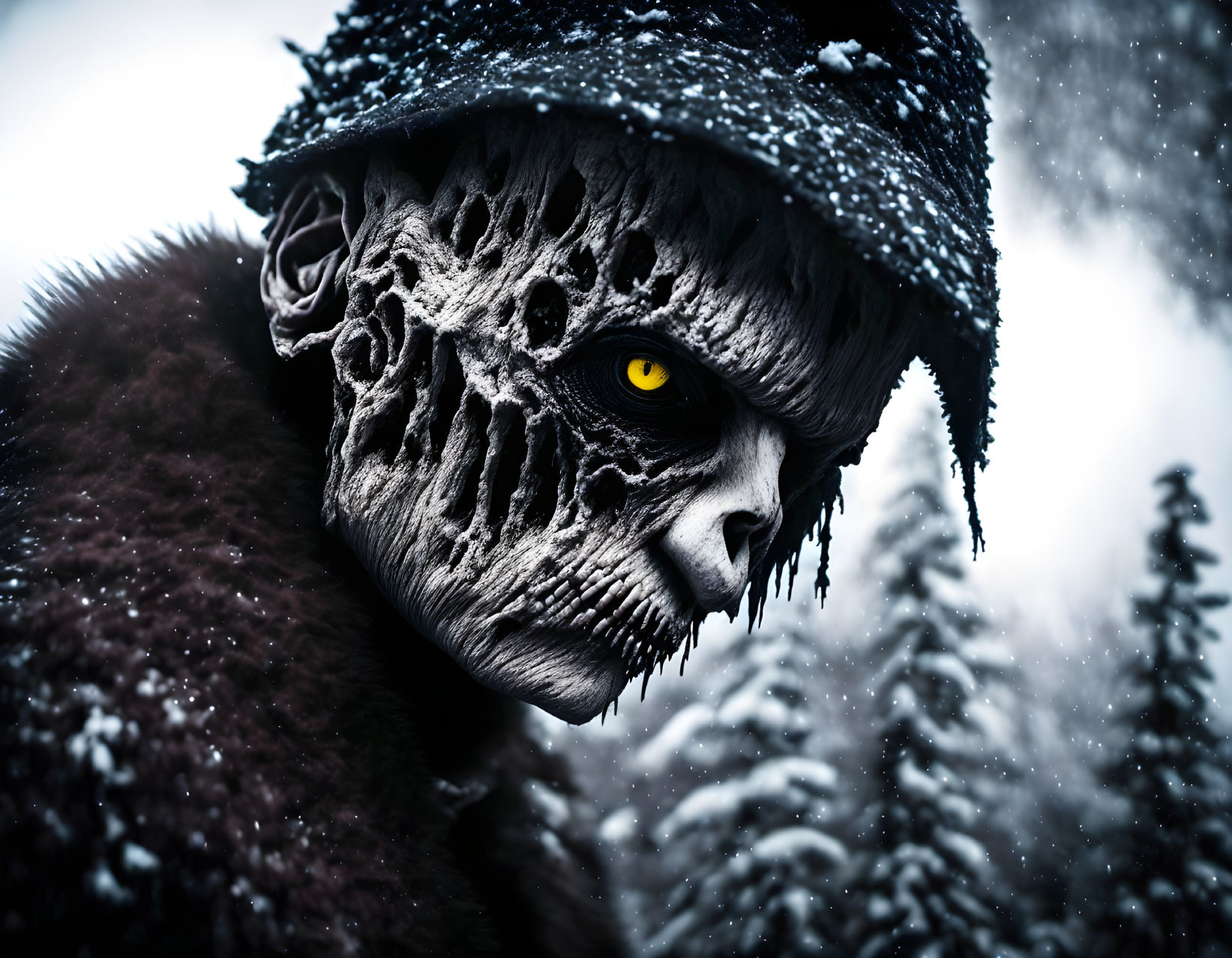 Dark-faced creature with yellow eyes emerges from snowy forest