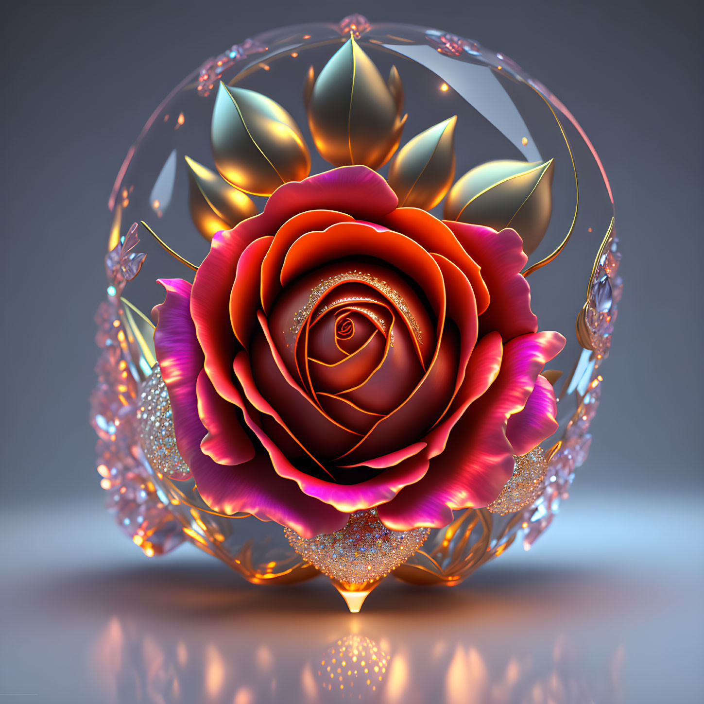 Stylized rose in transparent sphere with gold leaves and sparkles