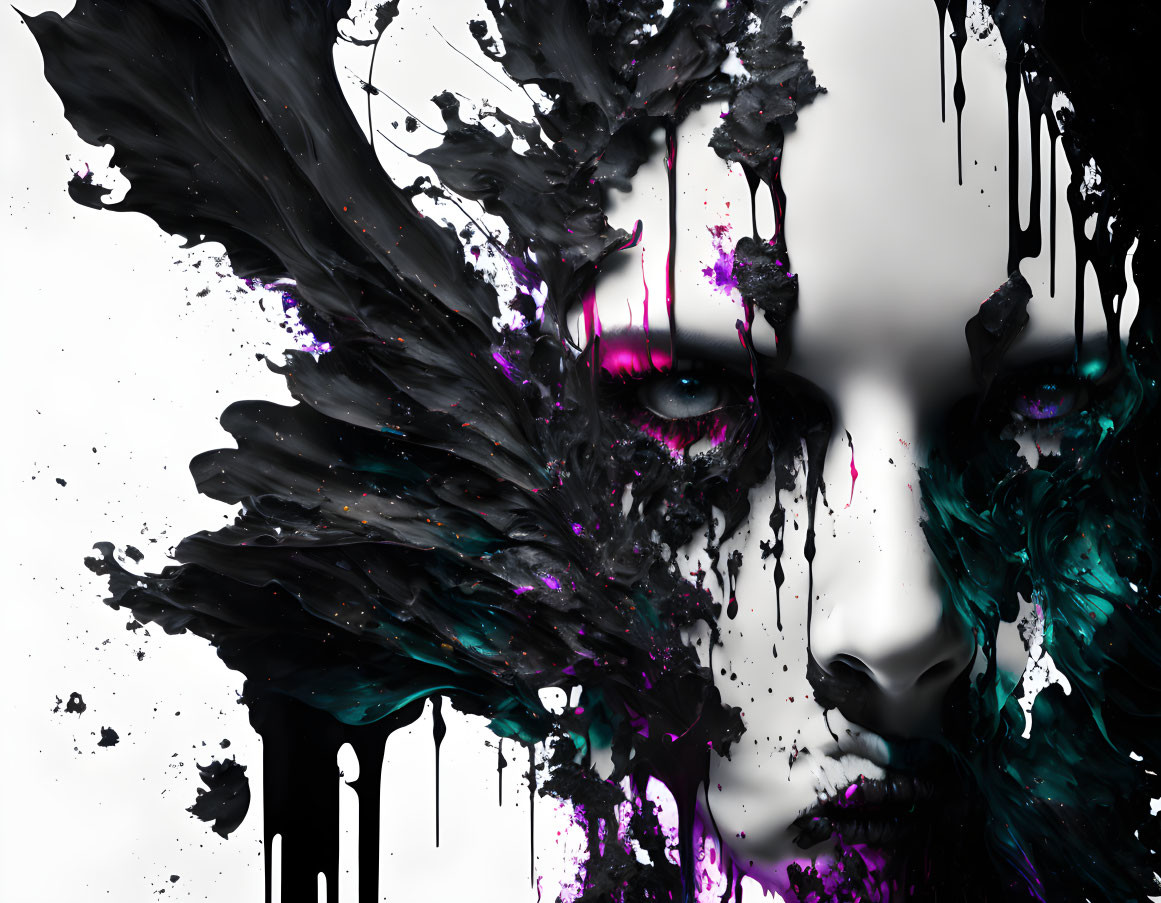 Surreal portrait with black and purple paint splatters and swirls