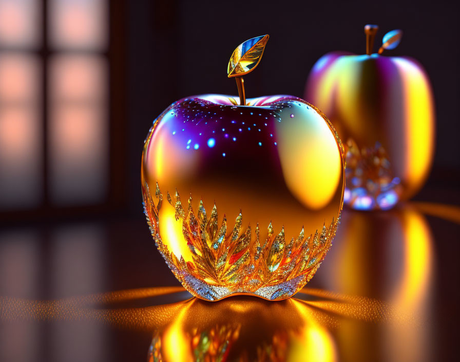 Two intricate metallic apples on dark bokeh-lit background