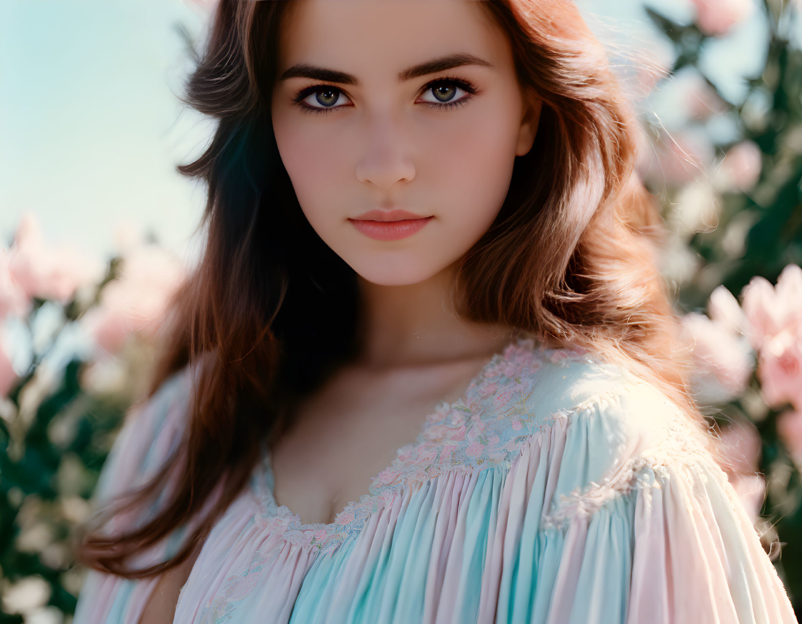 Young woman with brown hair and blue eyes in pastel pink dress outdoors with flowers.