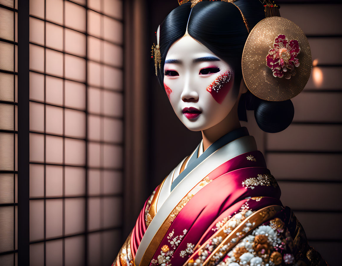 Traditional Geisha with White Makeup and Silk Kimono