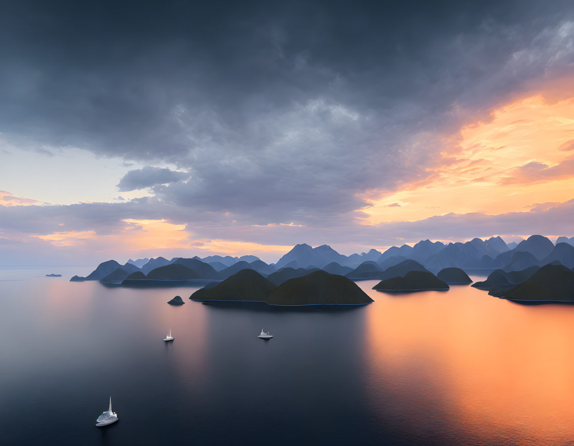 Tranquil sunset scene with silhouetted islands and boats on calm sea