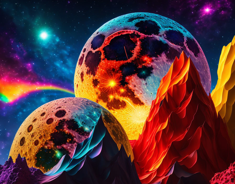 Colorful cosmic digital art with celestial bodies, nebula, and flame-like structures