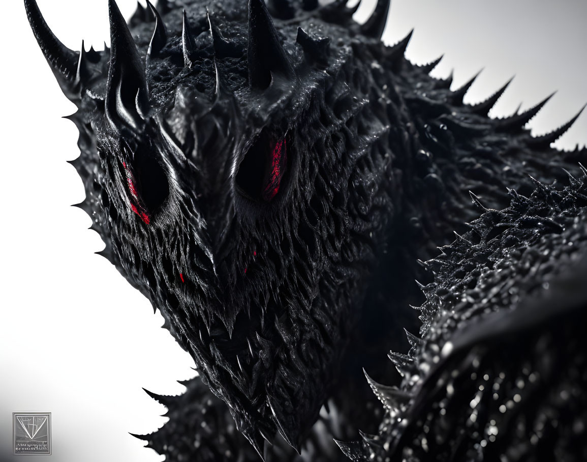 Menacing fantasy creature with black spiky skin and red eyes