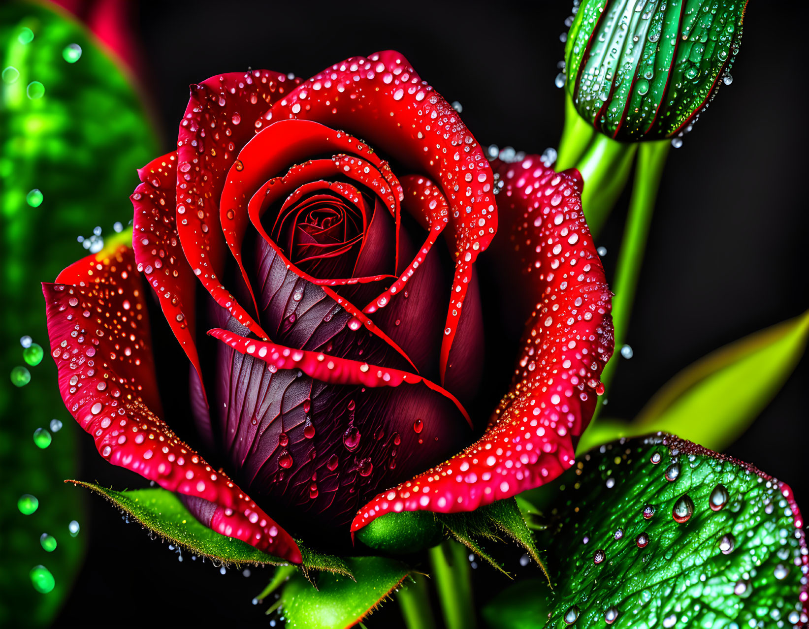 Vibrant red rose with water droplets on dark background