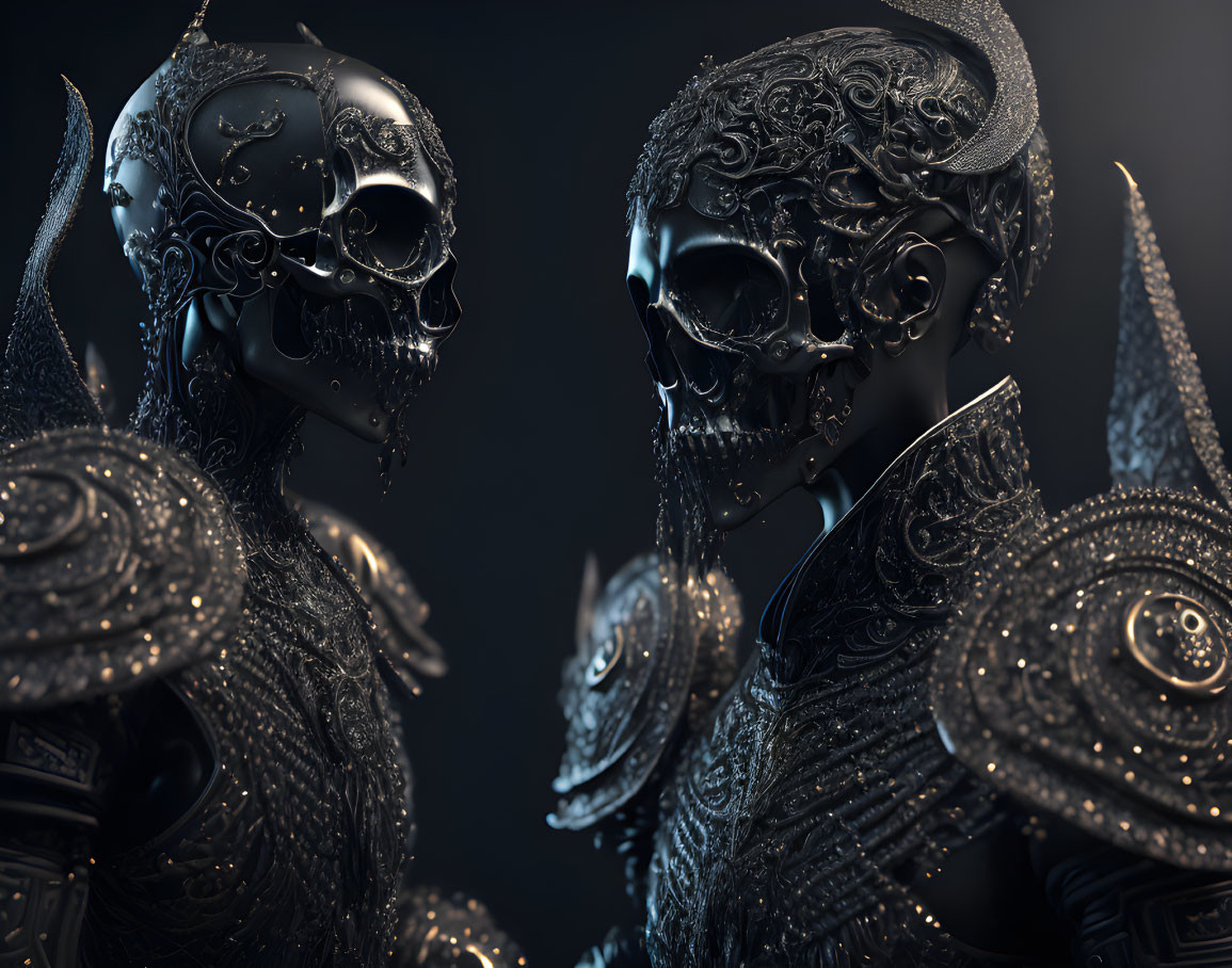 Intricate Design Robotic Skulls Facing Each Other