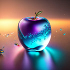 Vibrant digitally rendered apple with glossy finish in blue and pink hues against warm background