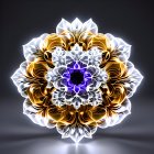 Symmetric multi-layered flower with gold and white petals and purple accents on grey background