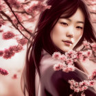 Dark-haired woman in lilac dress among pink cherry blossoms