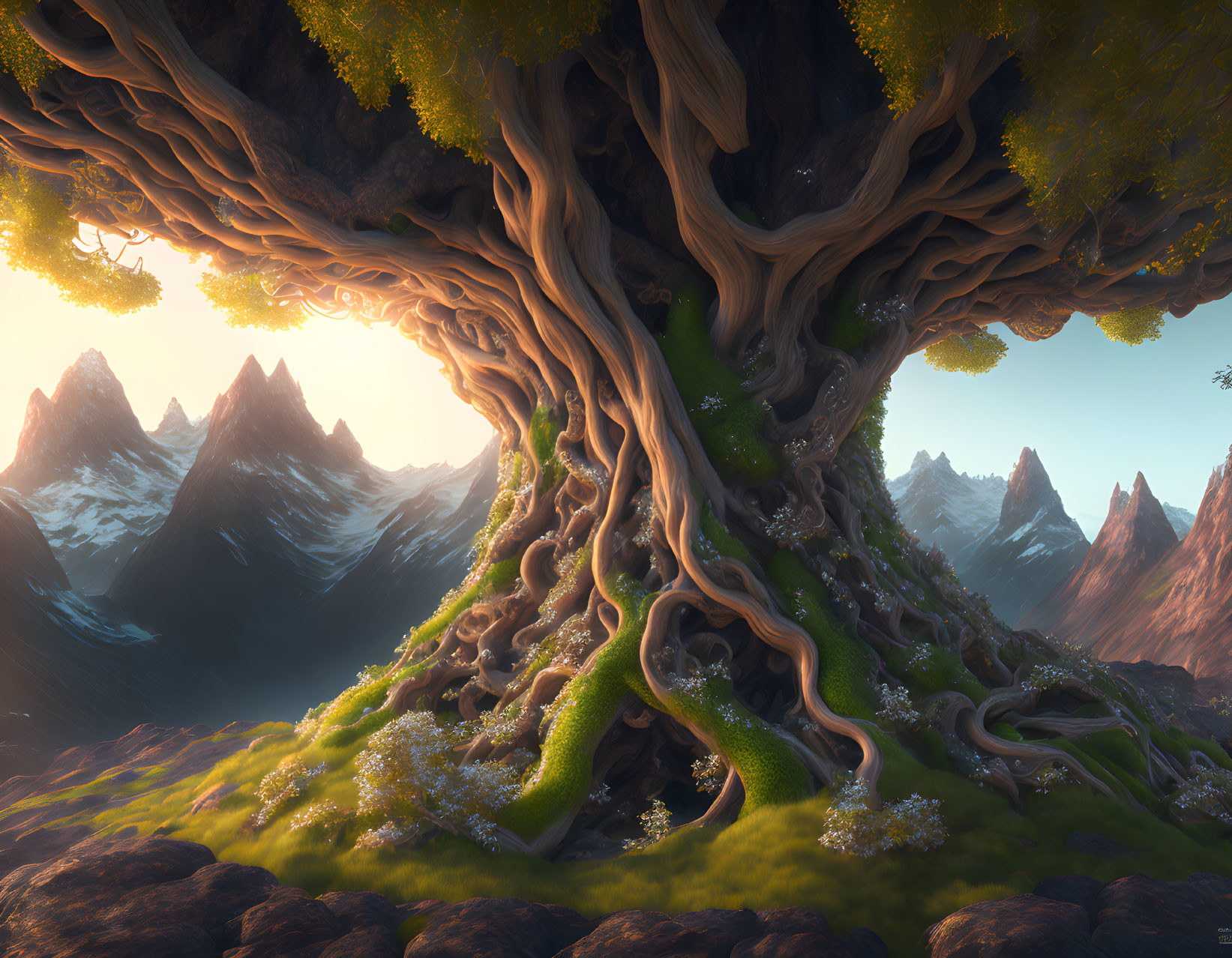 Massive ancient tree in fantastical landscape with rocky mountains at golden hour