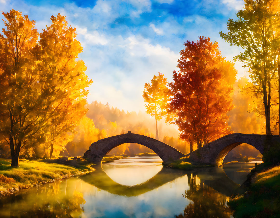 Tranquil stone bridge over calm river in autumn