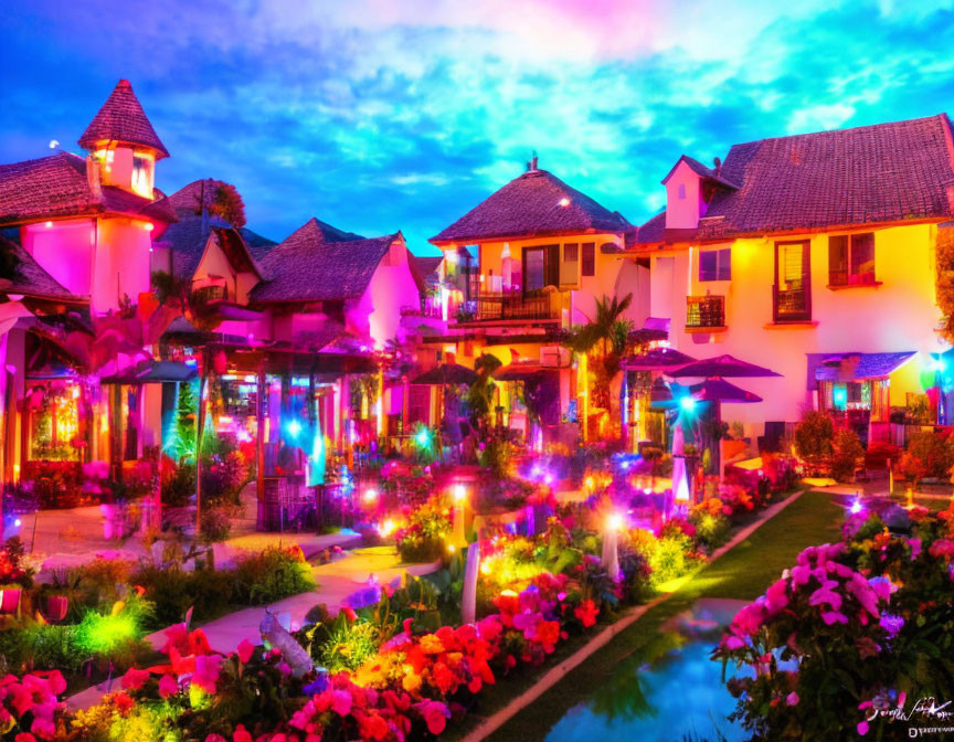 Luxurious resort with colorful lights, lush flowers, and tropical architecture at dusk