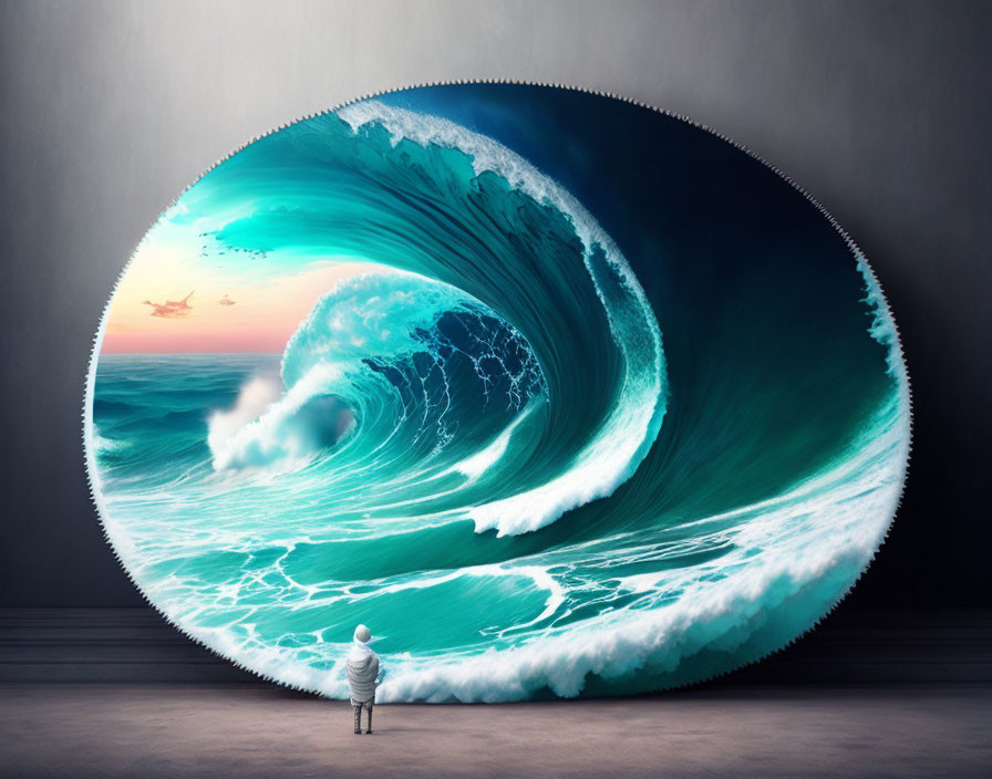 Vibrant turquoise circular wave in surreal room setting