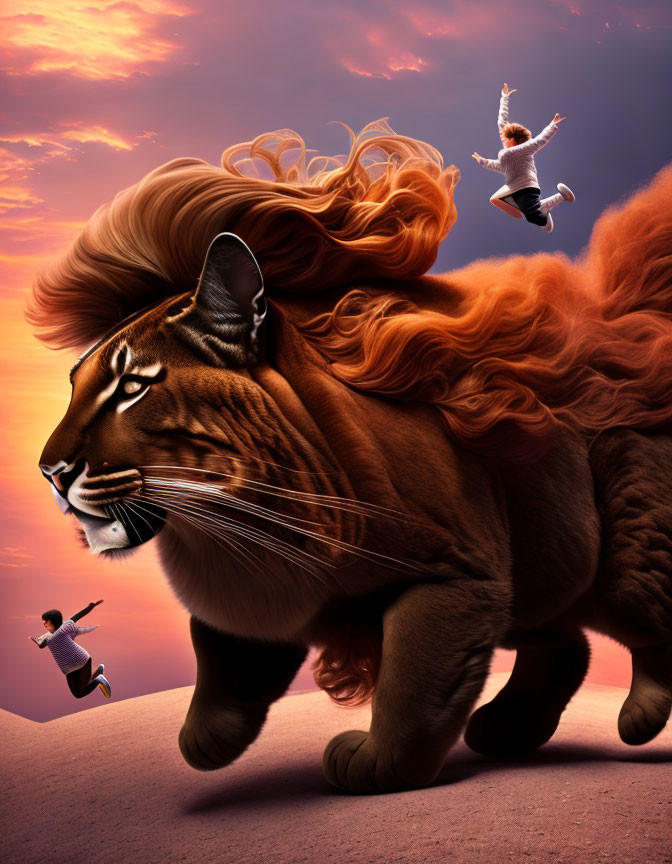 Majestic lion with flowing mane at sunset with surreal dancing people