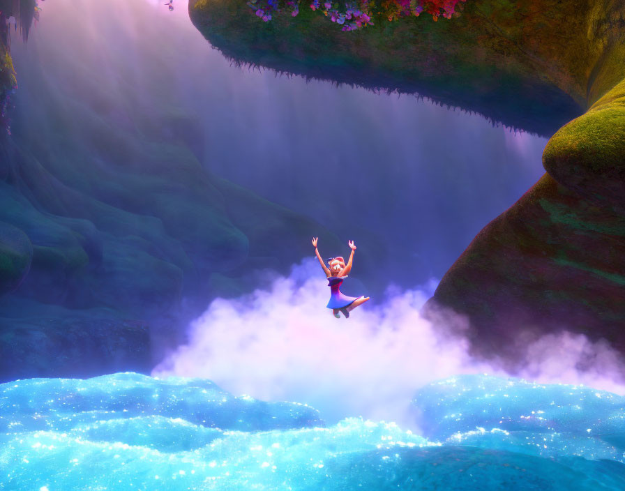 Animated character leaping over blue river with mist and lush cliffs