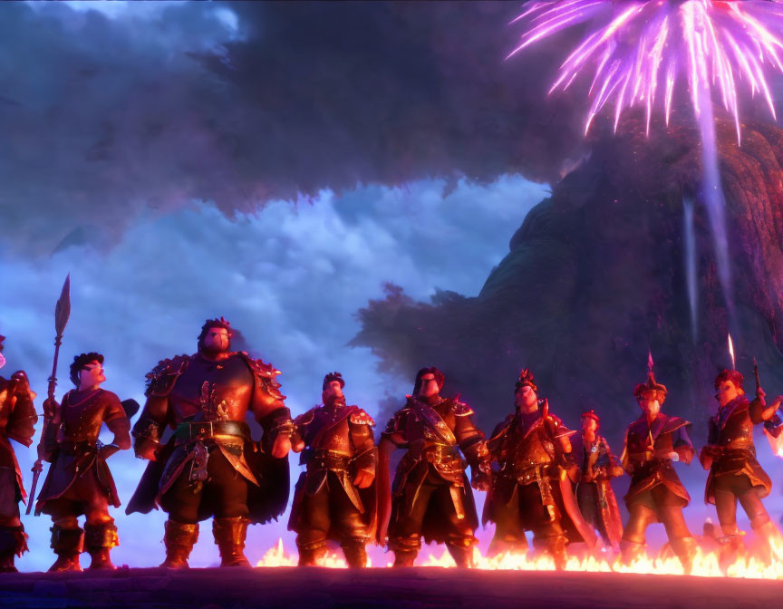 Animated Characters in Traditional Armor Watch Night Sky Fireworks