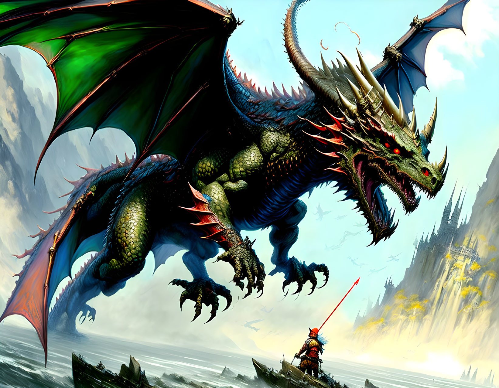 Green Dragon Confronts Warrior in Epic Battle