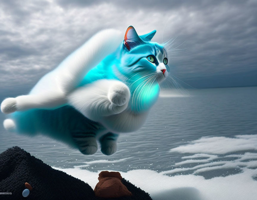 Blue Glowing Cat with Green Eyes Flying over Snowy Sea Landscape